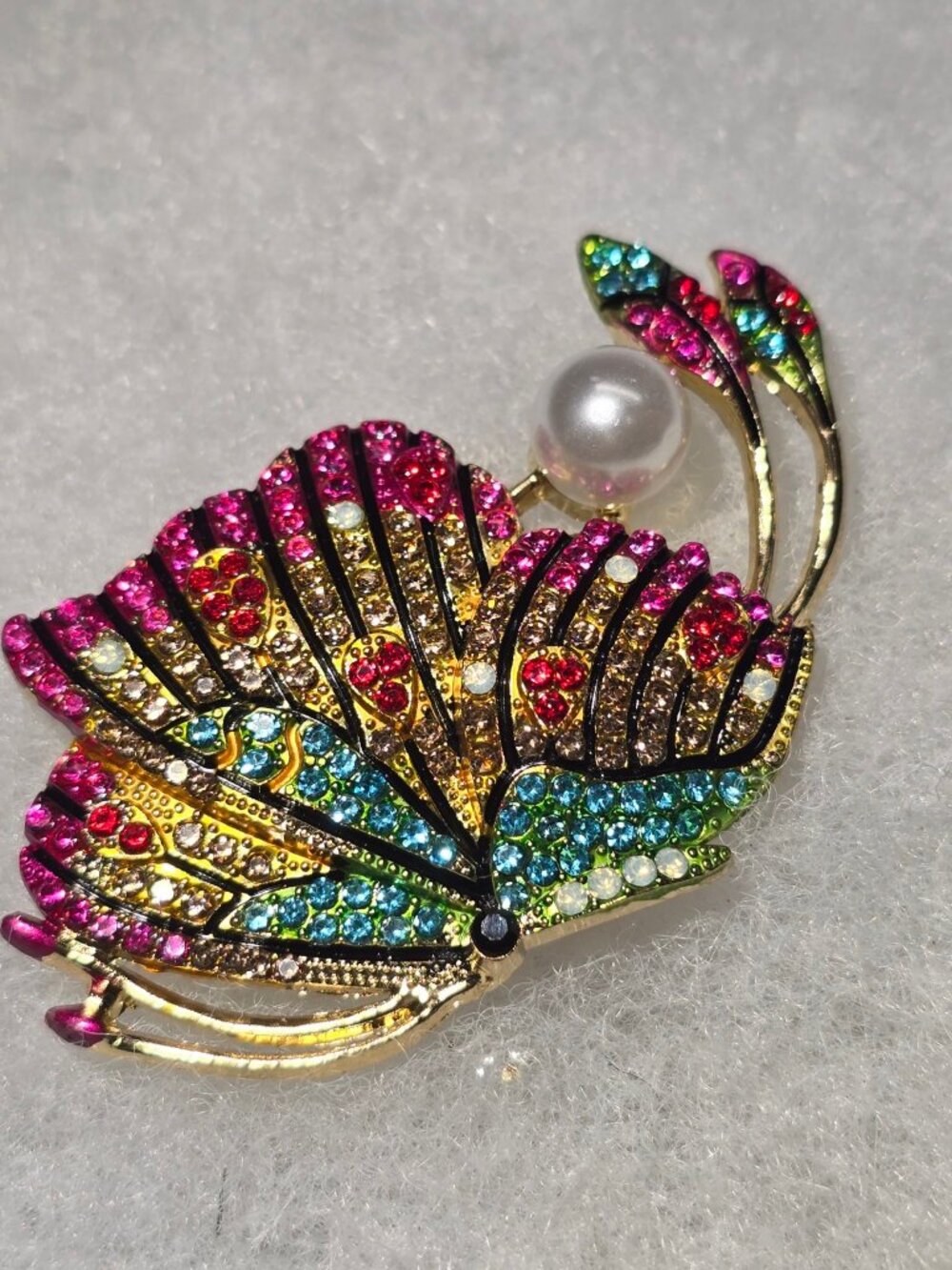 Butterfly Brooch – Gold Tone Multicolor Crystal Butterfly Pin with Pearl